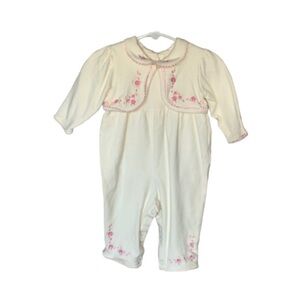 Vintage Baby Grand Pink and Beige Footless Fancy Rose Embroidered Romper 6/9m